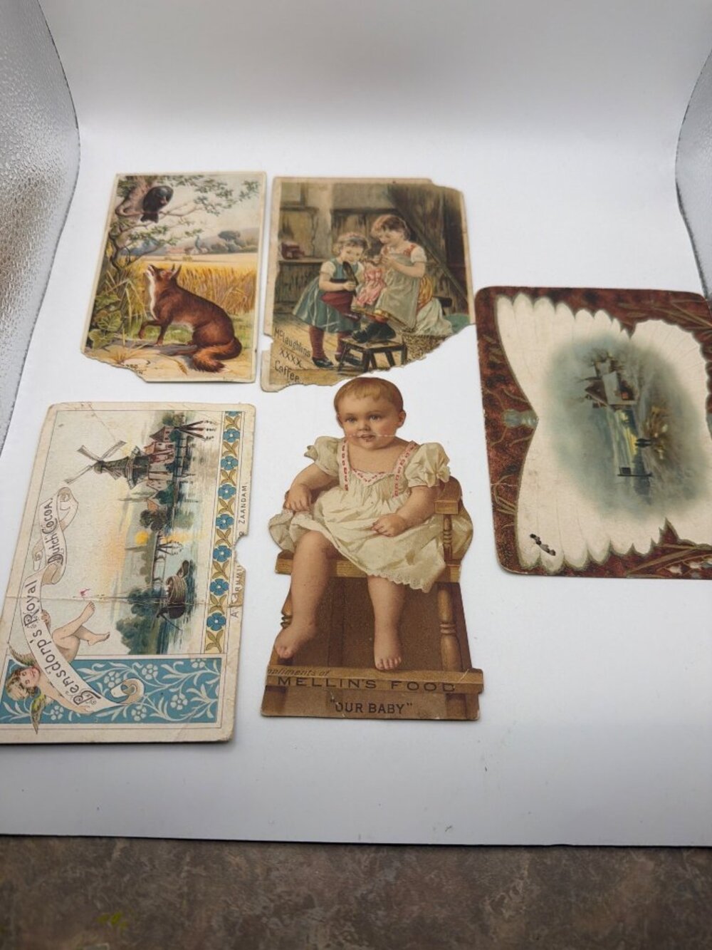 Set Of 5 Vintage Advertising Die-Cut & Trade Cards Featuring Baby Fox Windmill A